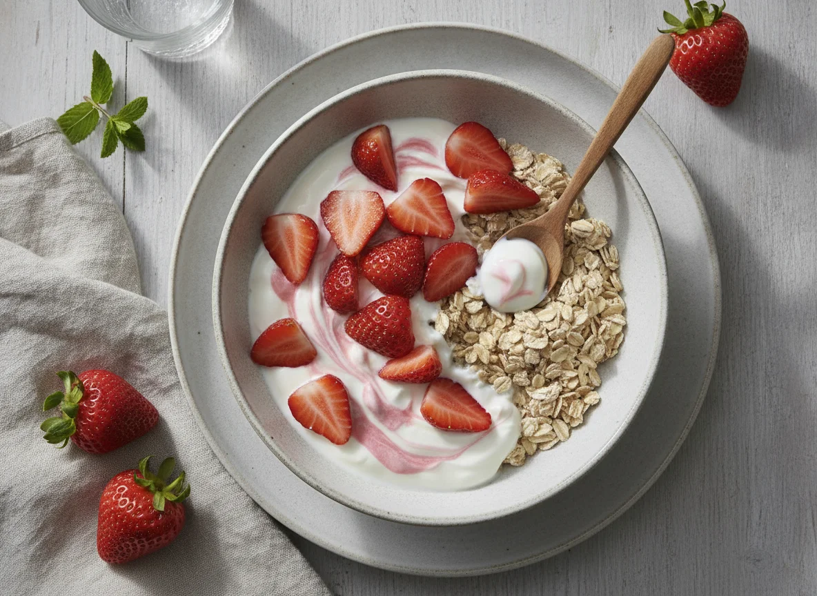Haferflocken mit Erdbeeren und Joghurt photo