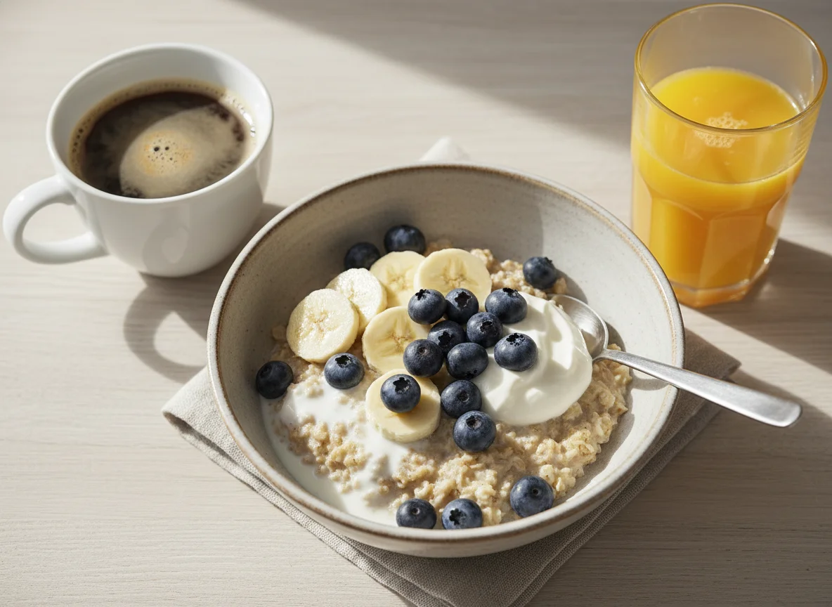 Haferflocken mit Früchten, Orangensaft und Kaffee photo