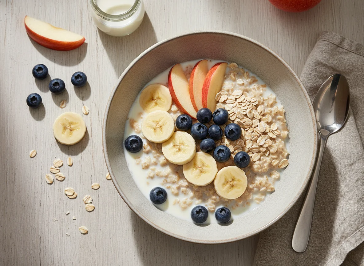 Haferflocken mit Früchten und Milch photo