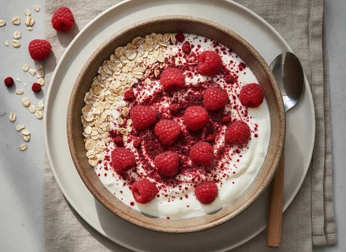 Haferflocken mit Himbeeren und Joghurt photo