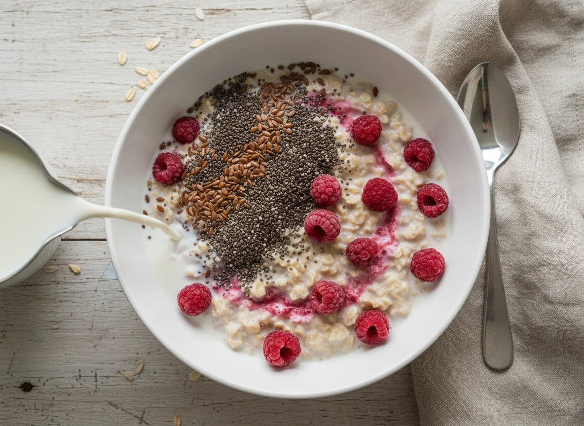 Haferflocken mit Himbeeren und Samen photo