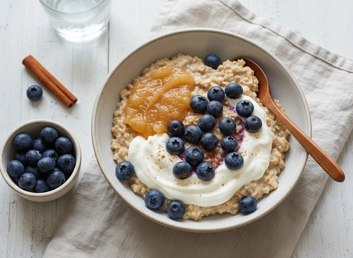 Haferflocken mit Joghurt, Blaubeeren und Apfelmus photo