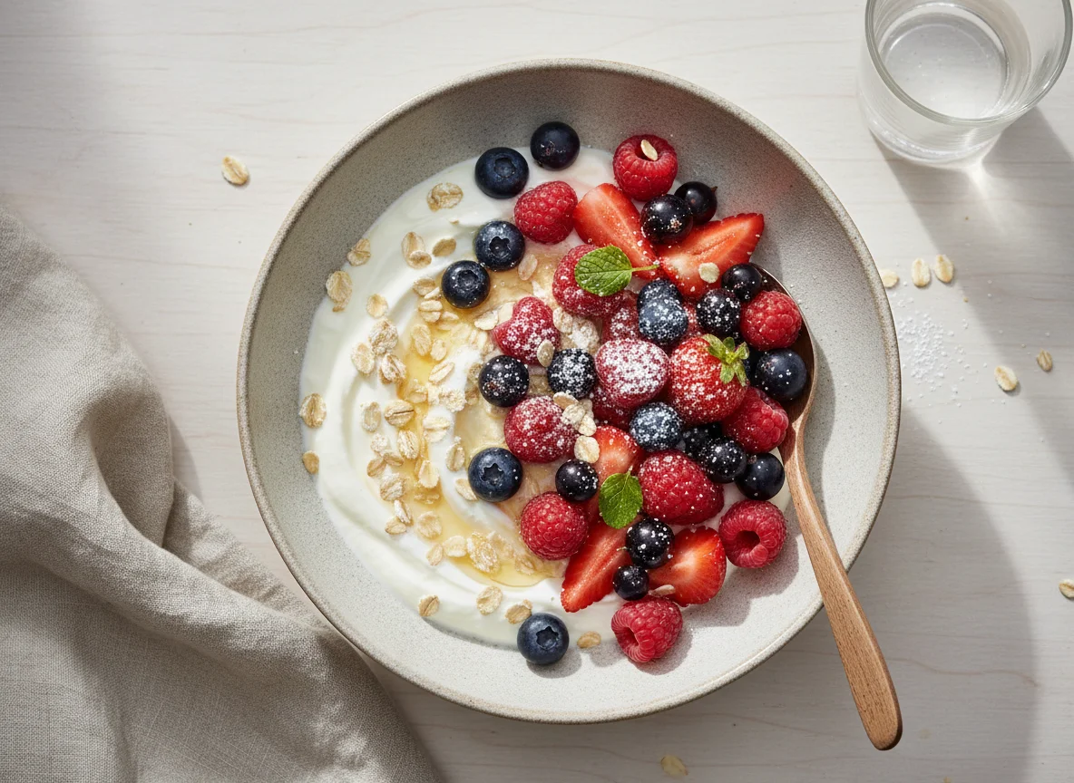 Haferflocken mit Joghurt und Beeren photo