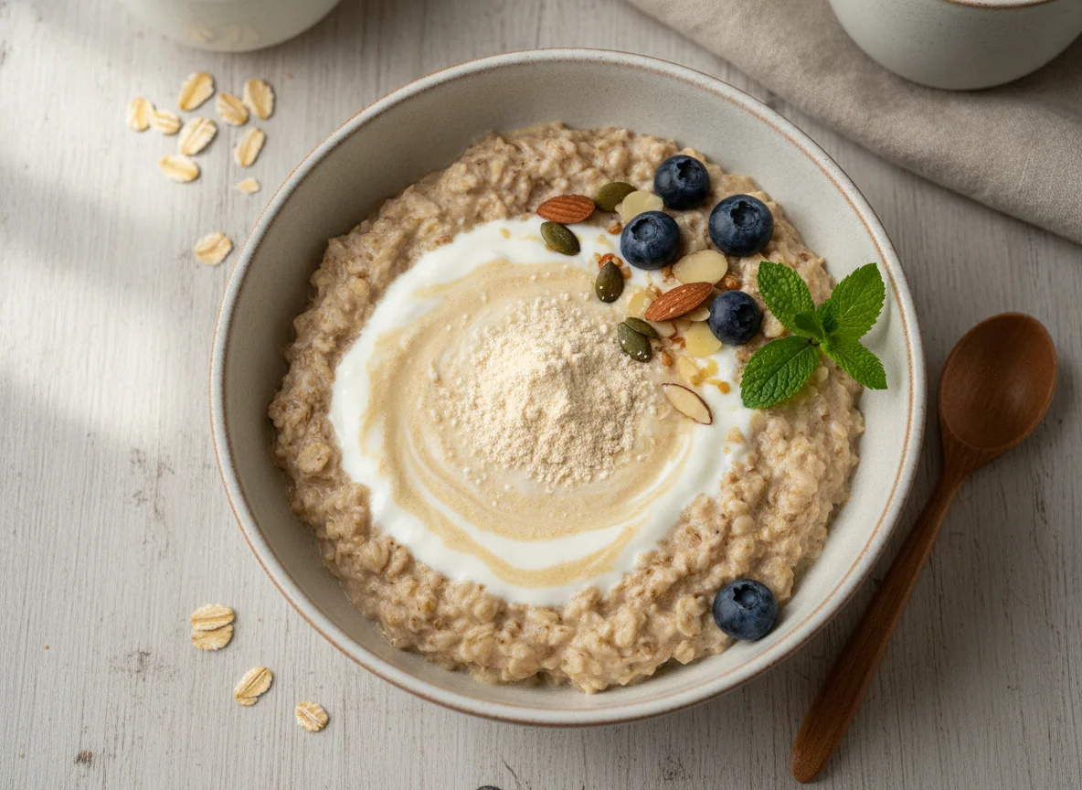 Haferflocken mit Joghurt und Proteinpulver photo