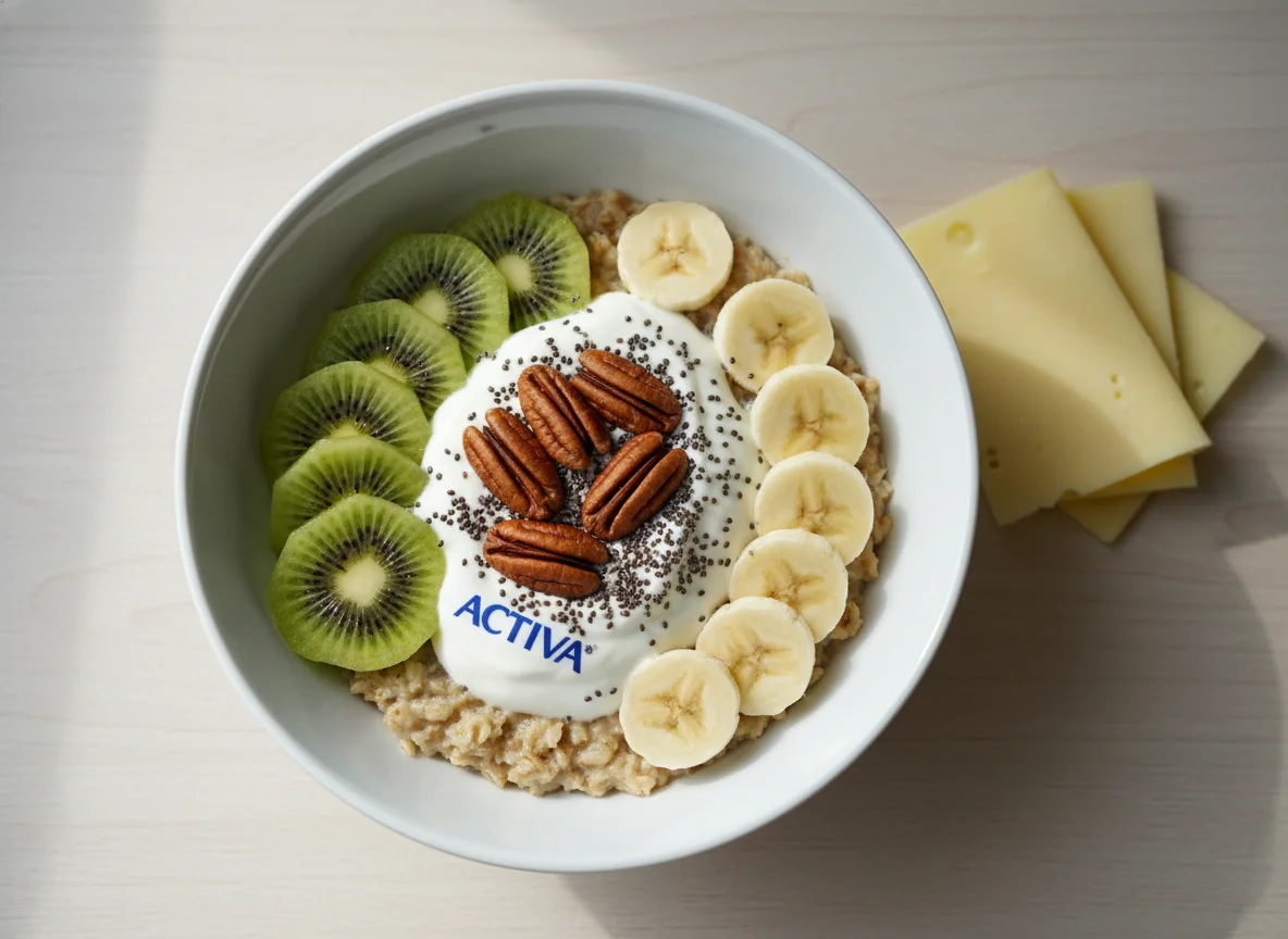 Haferflocken mit Kiwi, Banane, Pekannüssen und Chiasamen photo