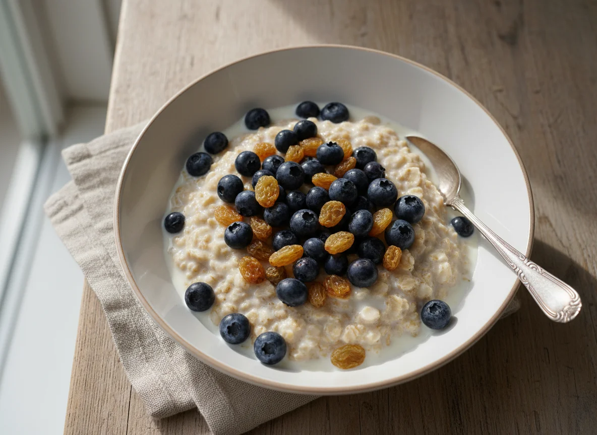 Haferflocken mit Milch und Beeren photo