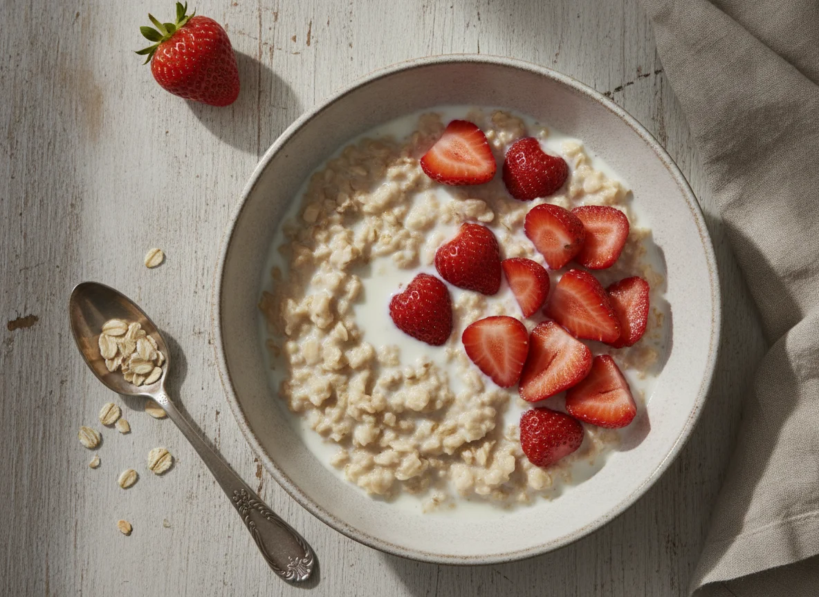 Haferflocken mit Milch und Erdbeeren photo
