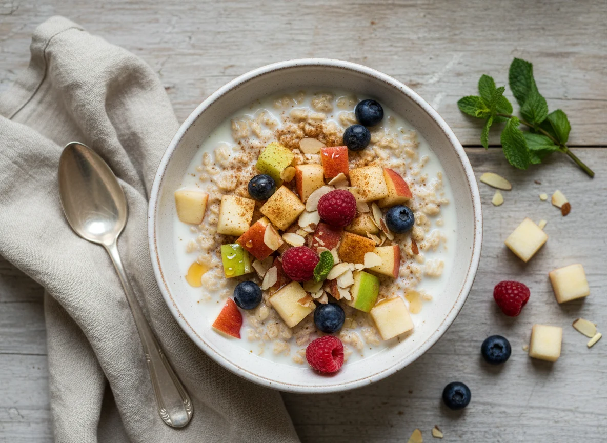 Haferflocken mit Milch und Früchten photo