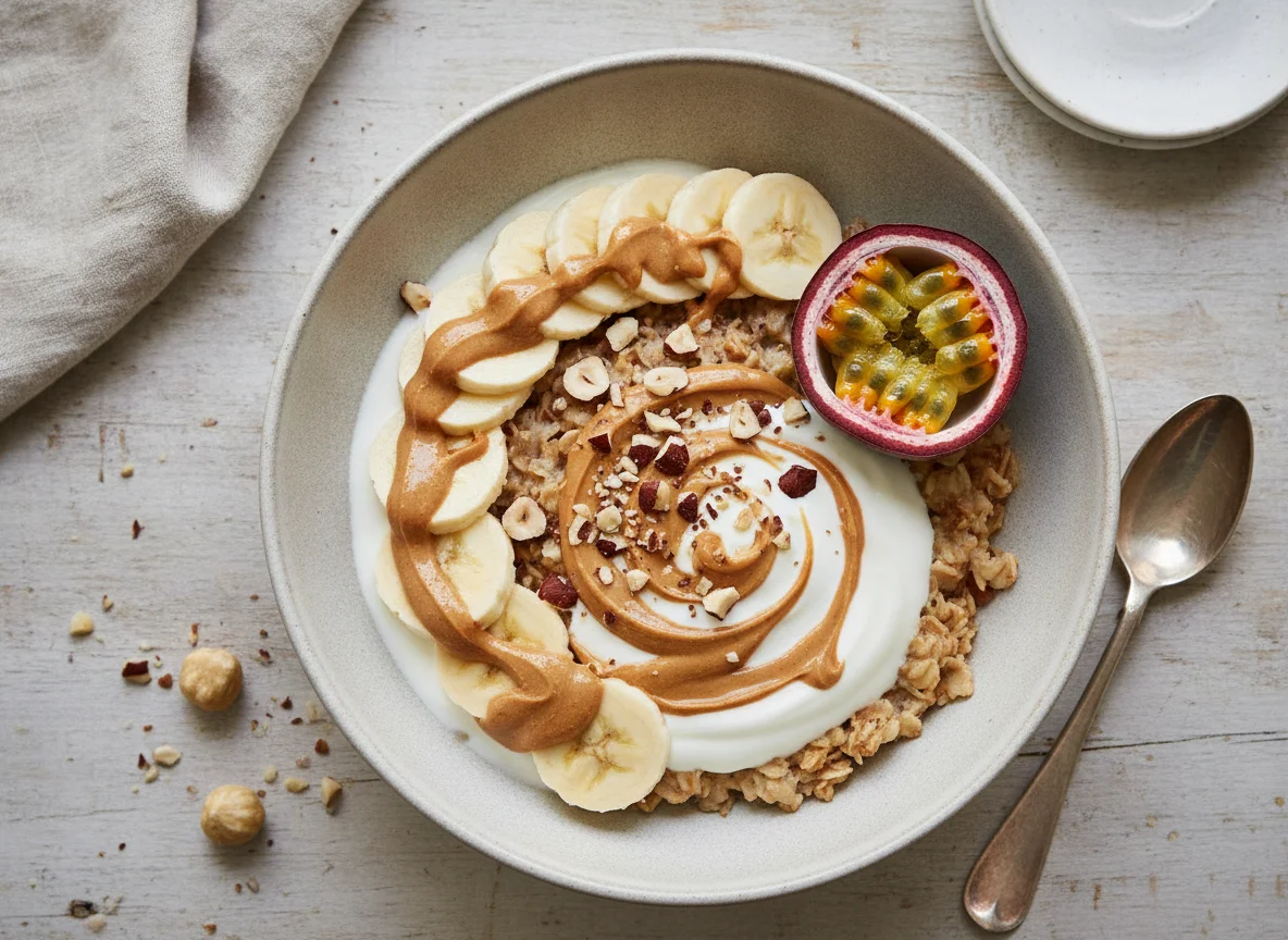 Haferflocken-Bowl mit Banane, Joghurt, Erdnussbutter und Maracuja photo