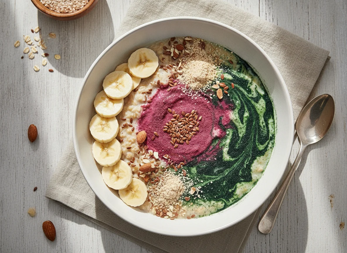 Haferflocken-Bowl mit Banane und Superfood-Pulvern photo