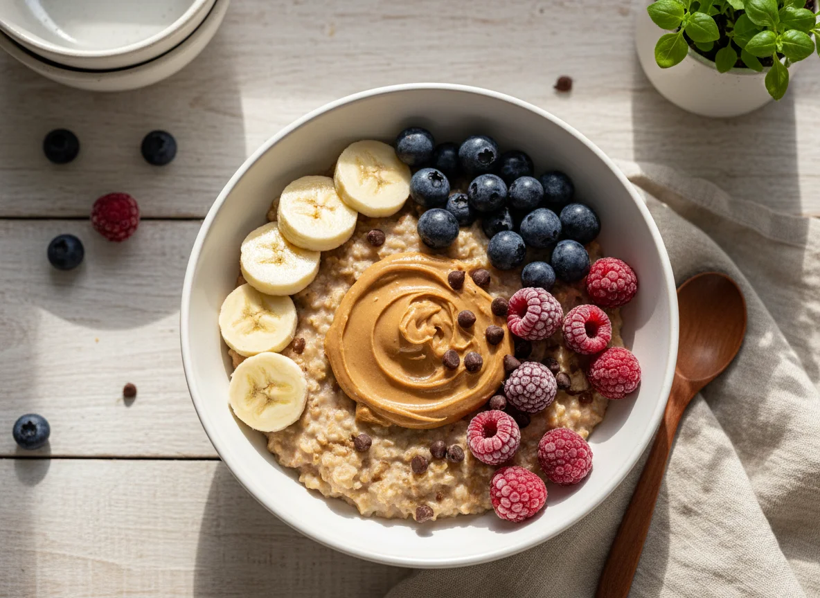 Haferflocken-Bowl mit Früchten und Erdnussbutter photo