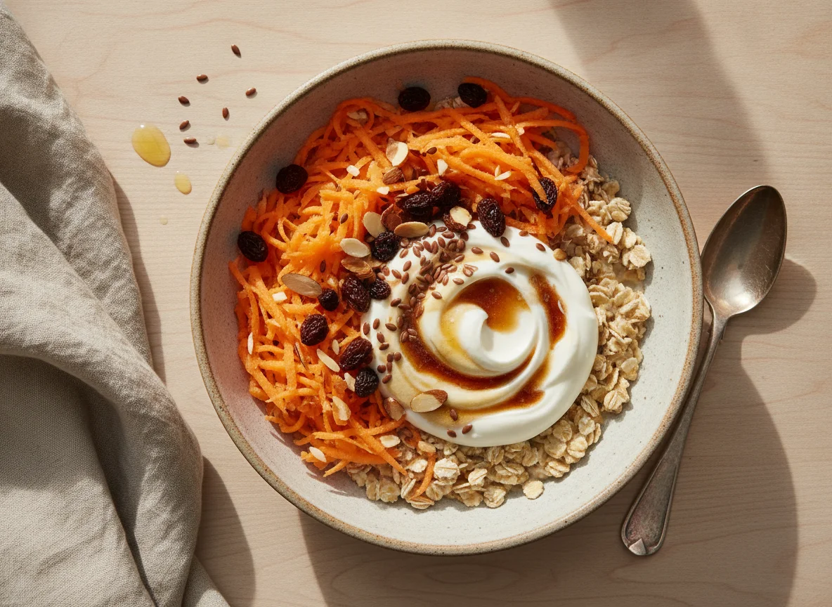 Haferflocken-Frühstück mit Apfel und Karotte photo