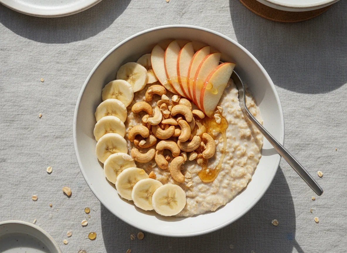 Haferflocken-Frühstück mit Obst und Nüssen photo