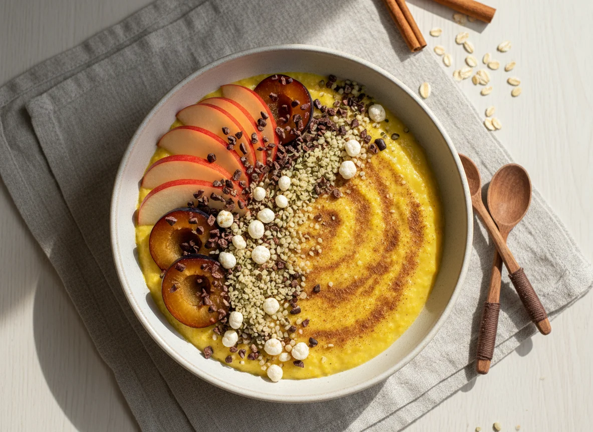 Haferflocken-Porridge mit Früchten und Toppings photo