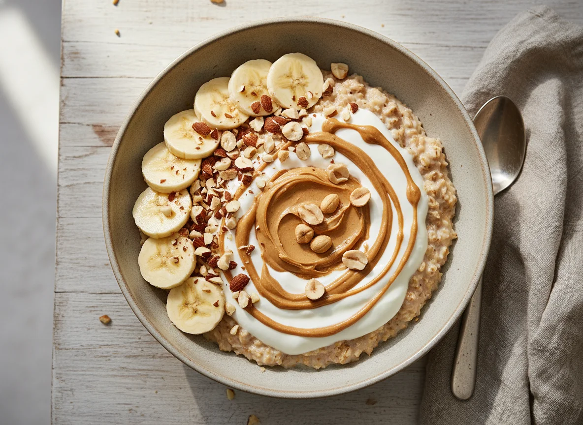 Haferflocken-Schüssel mit Banane, Nüssen und Erdnussbutter photo