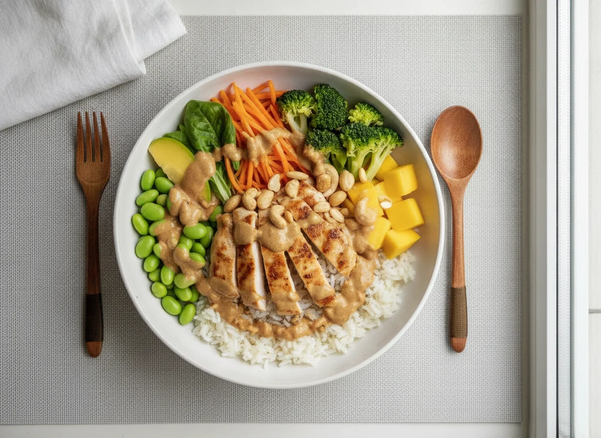 Hähnchen Bowl mit Reis & Erdnuss-Dressing photo