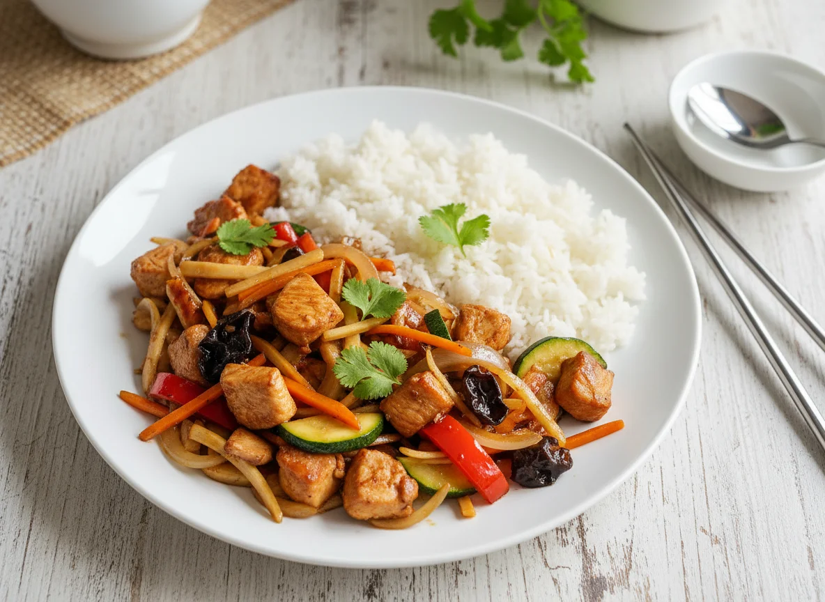 Hähnchen Chop Suey mit Reis photo