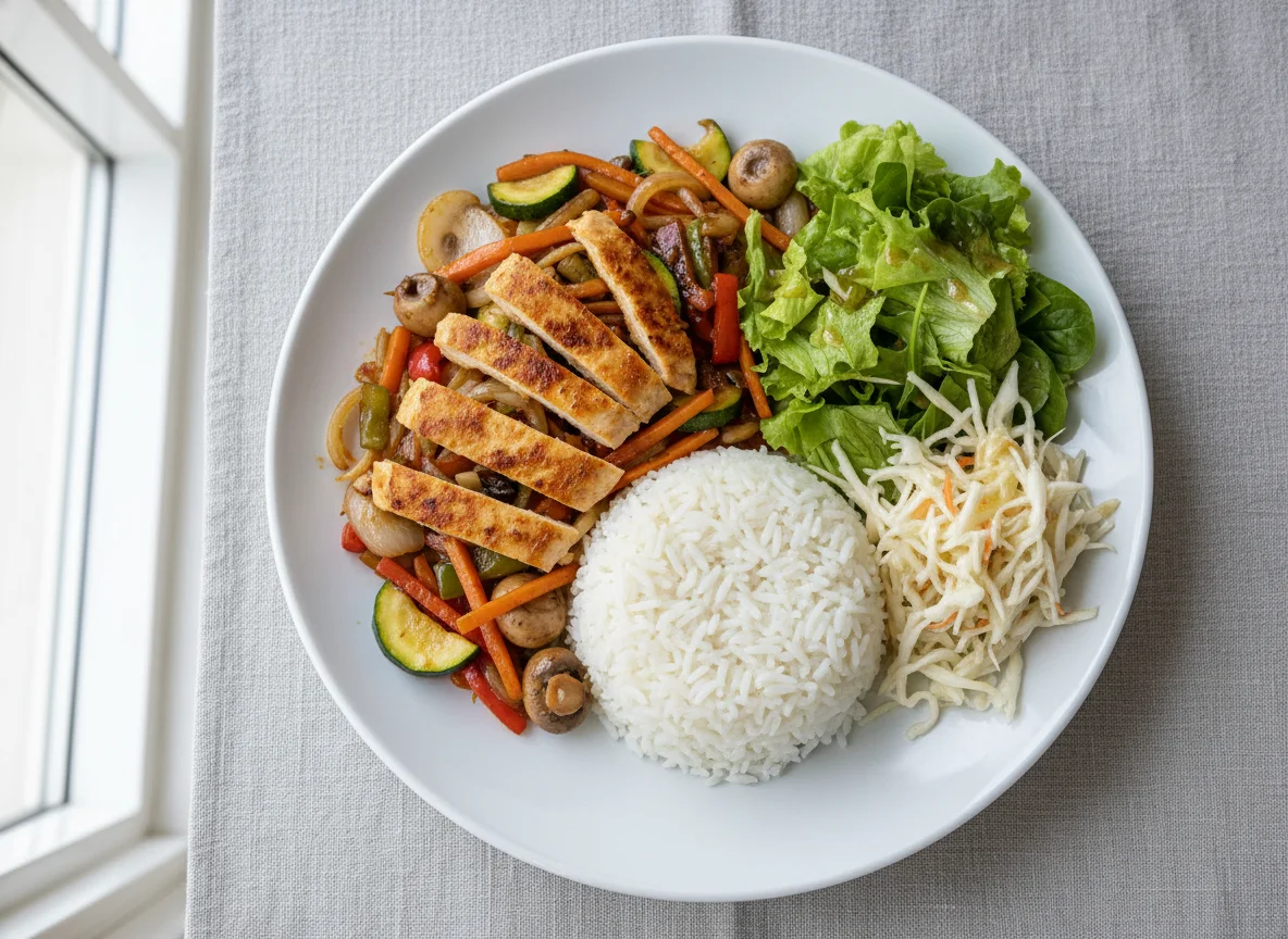 Hähnchen Chop Suey mit Reis und Salat photo