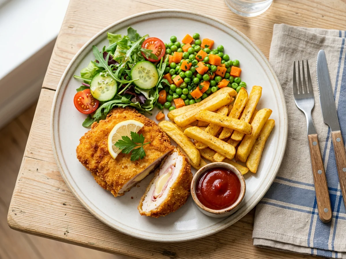 Hähnchen Cordon Bleu mit Pommes und Gemüse photo
