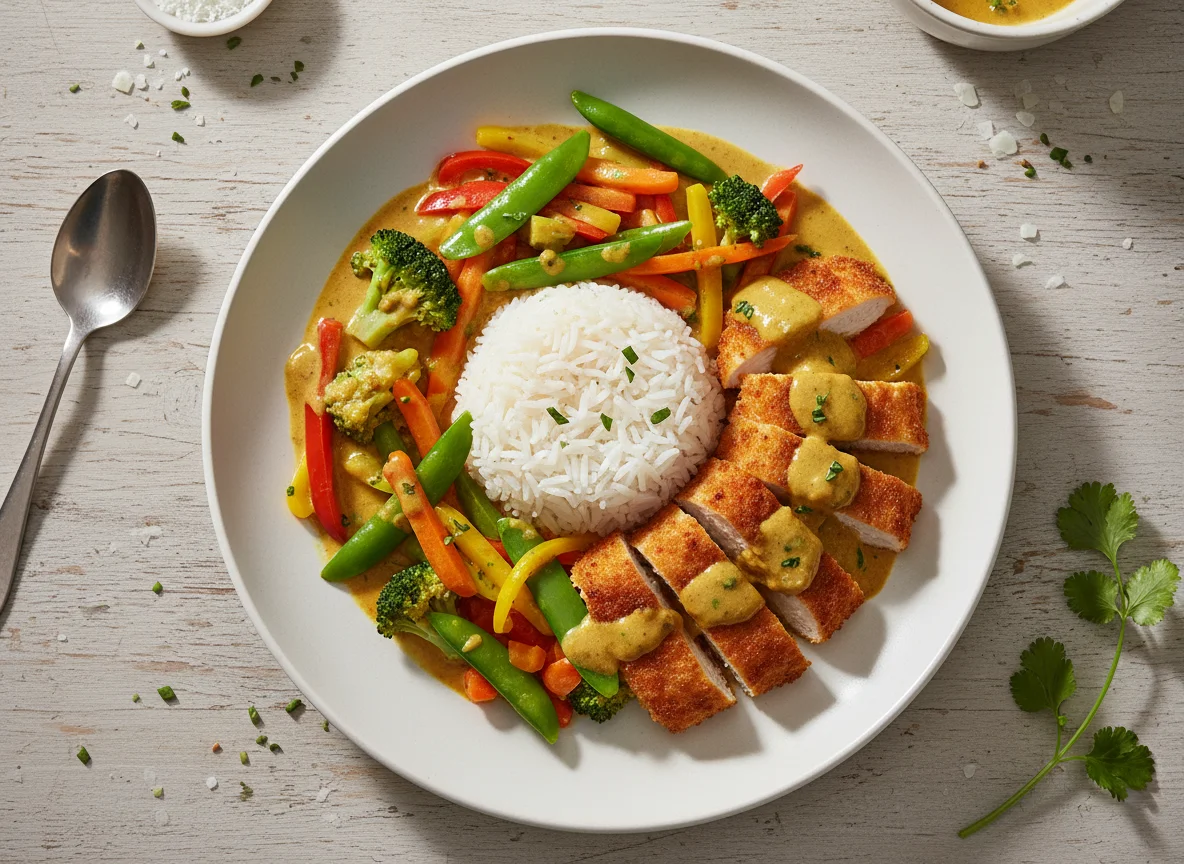 Hähnchen Curry mit Reis und Gemüse photo