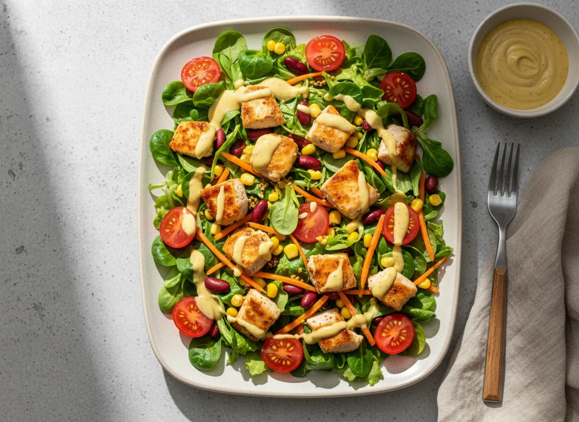 Hähnchen Gemüse Salatbox mit Senf-Dressing photo