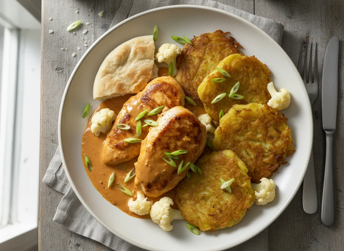 Hähnchen in cremiger Sauce mit Rösti und Blumenkohl photo