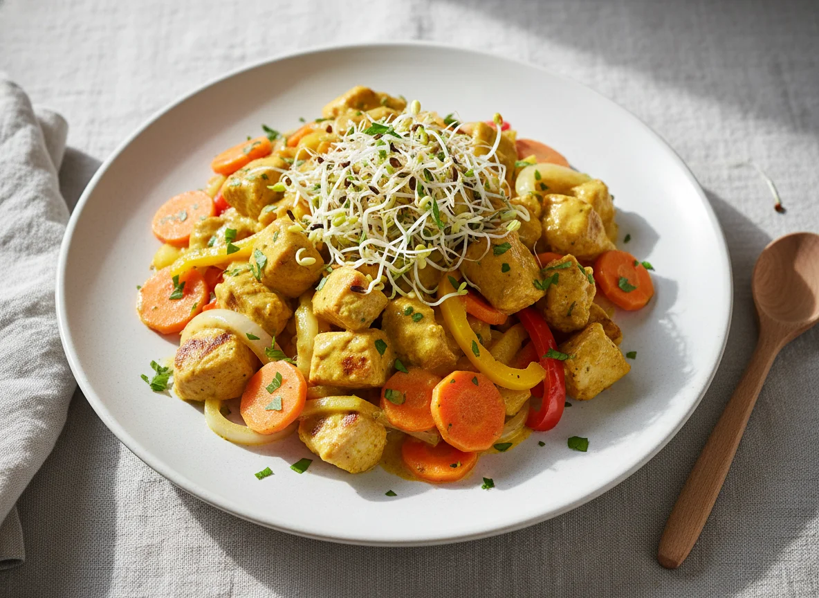Hähnchen in Currysauce mit Gemüse und Sprossen photo