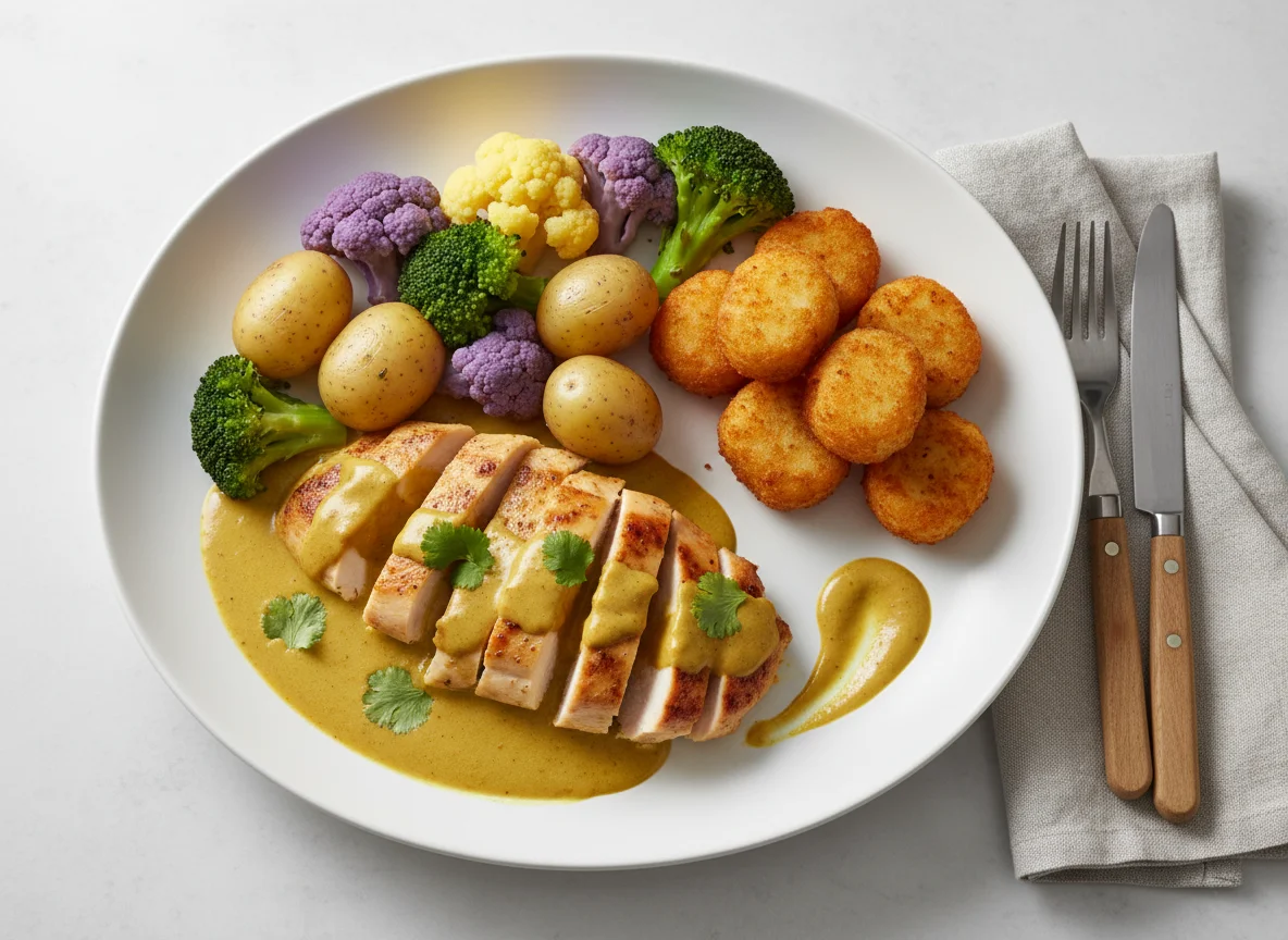 Hähnchen in Currysauce mit Kroketten und Gemüse photo