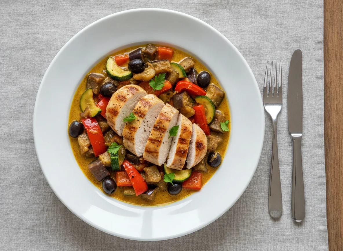 Hähnchen in Currysauce mit Ratatouille photo