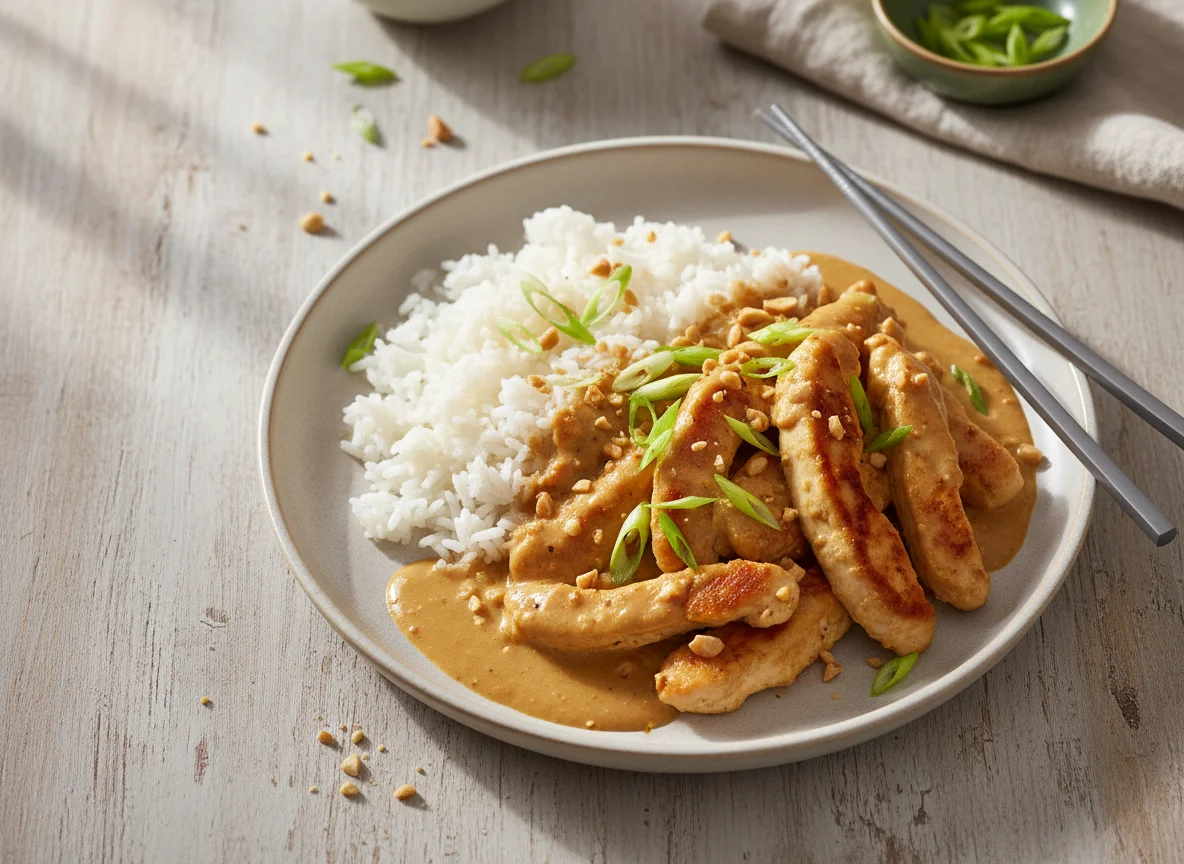 Hähnchen in Erdnusssauce mit Reis photo