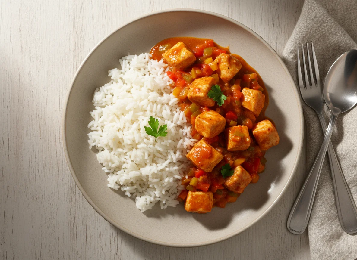Hähnchen in Paprikasauce mit Reis photo