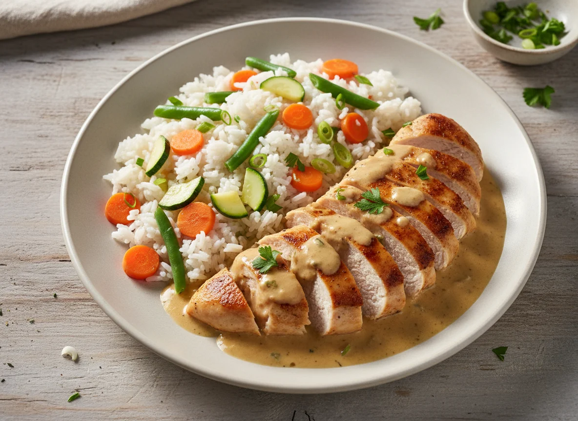 Hähnchen in Rahmsauce mit Gemüse-Reis photo