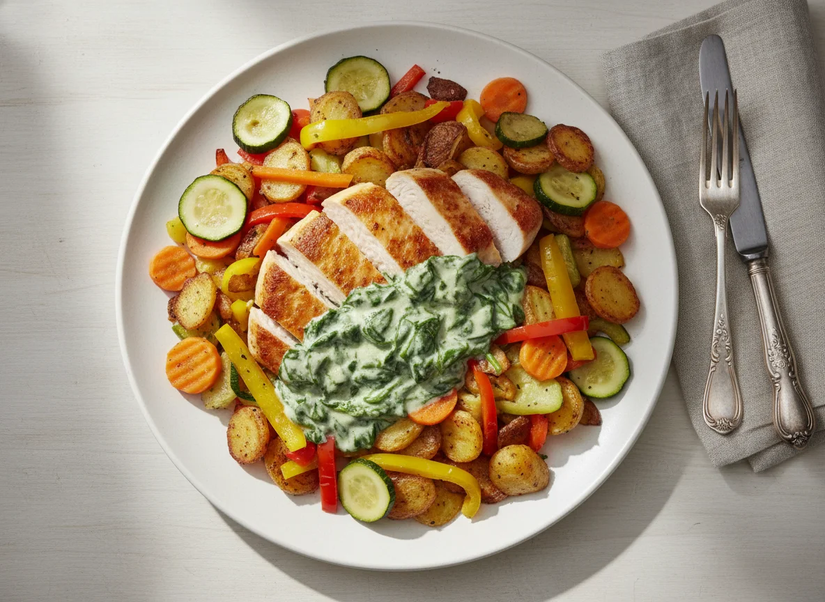 Hähnchen in Rahmspinatsoße mit Bratkartoffeln und Gemüse photo