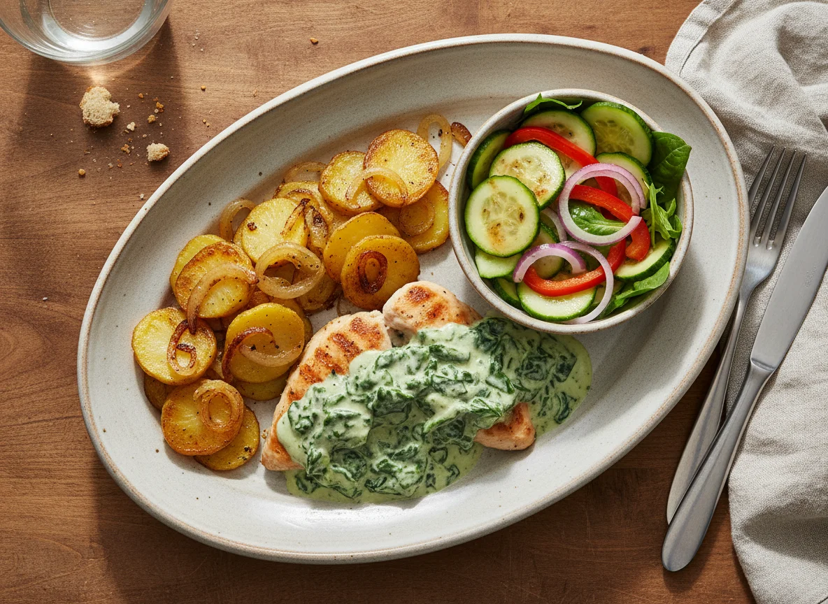 Hähnchen in Rahmspinatsoße mit Bratkartoffeln und Salat photo