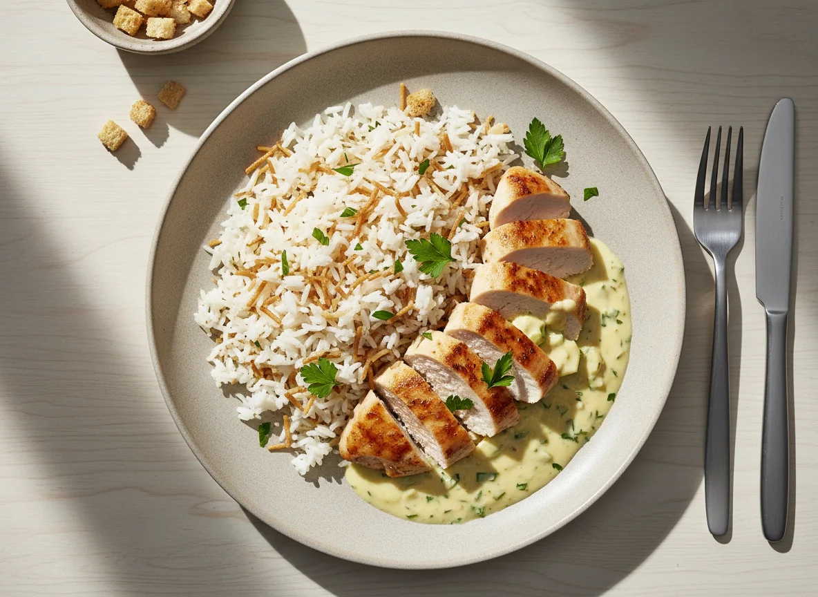 Hähnchen in Sahnesauce mit Reis photo