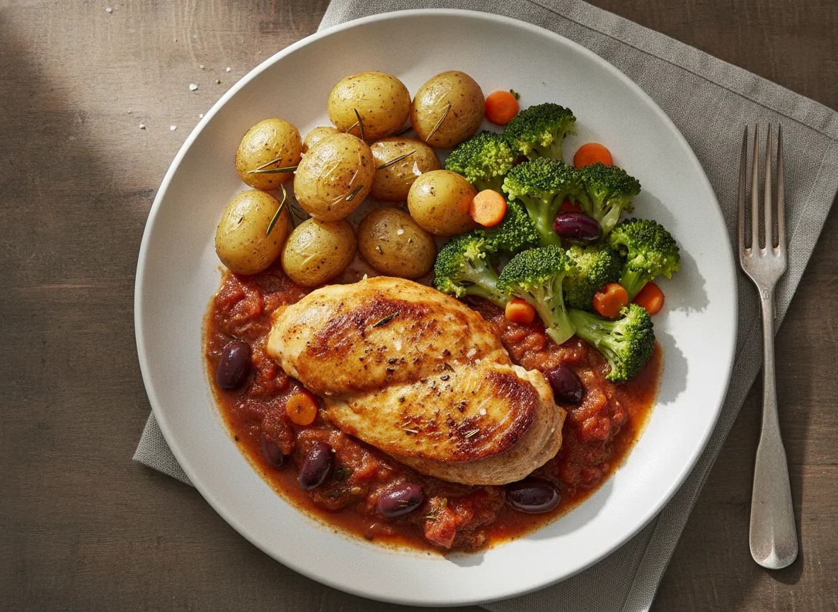 Hähnchen in Tomatensauce mit Brokkoli und Kartoffeln photo
