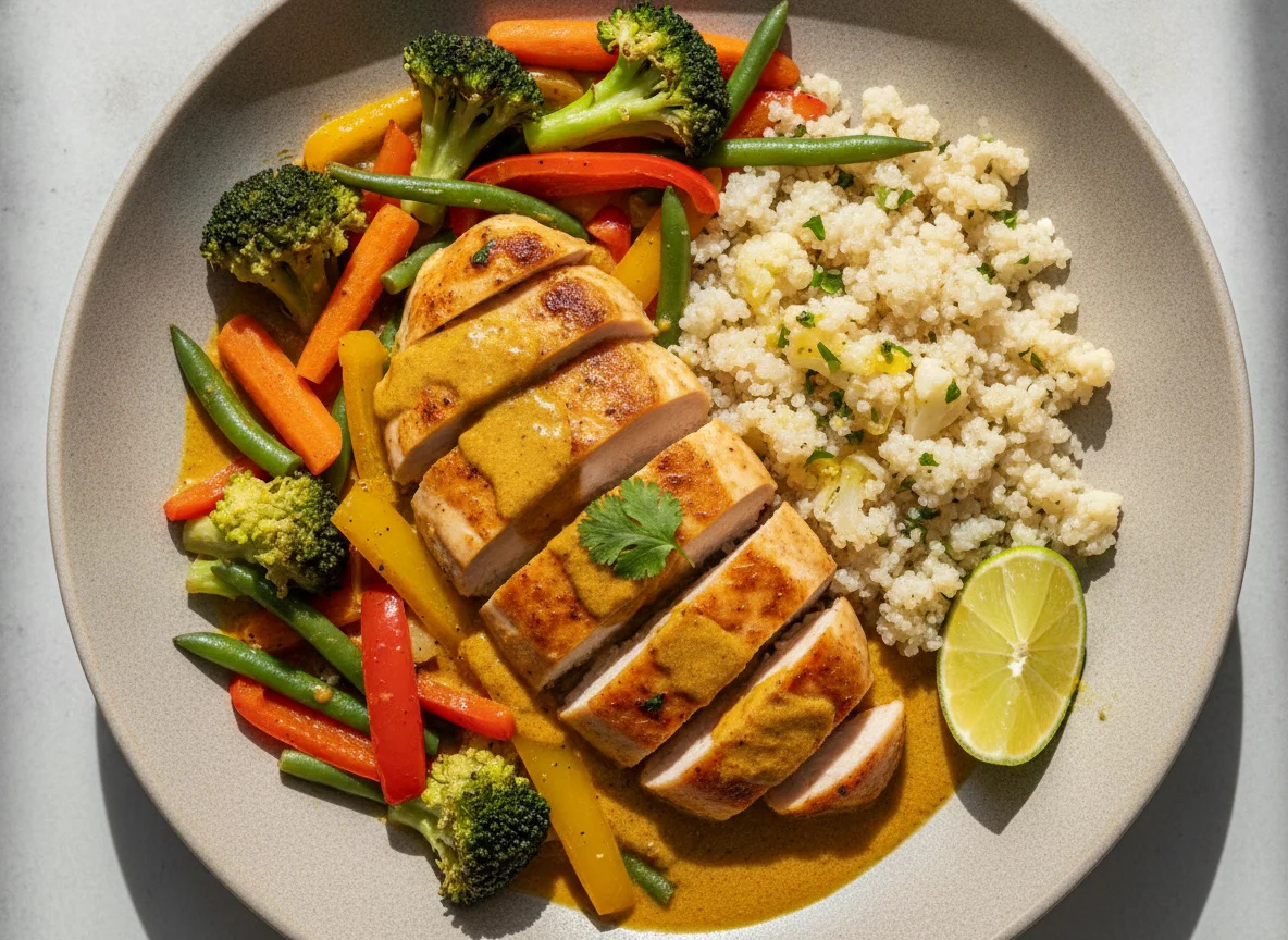Hähnchen in würziger Sauce mit Blumenkohl-Quinoa Mix und Gemüsemischung photo