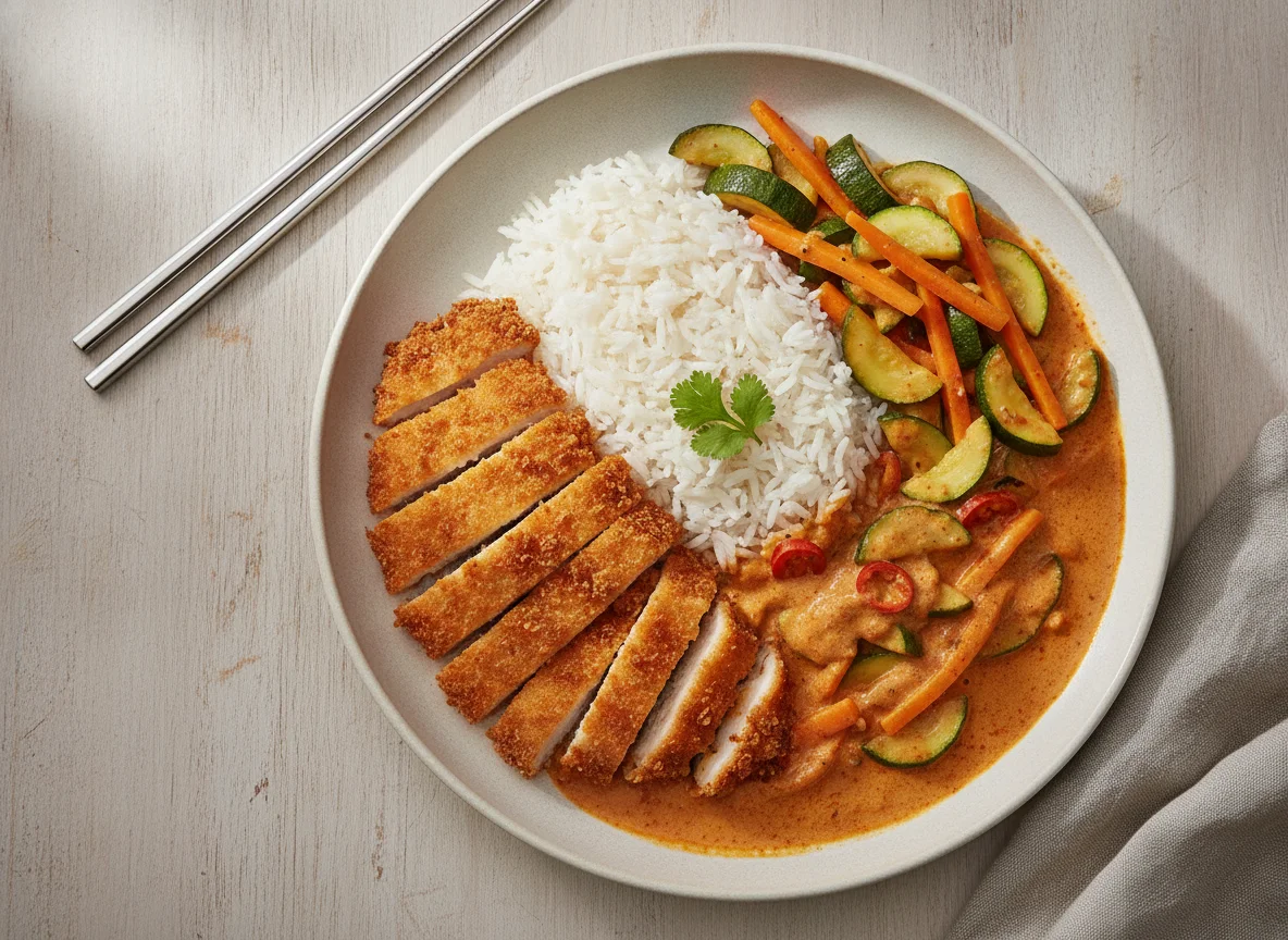 Hähnchen Katsu Curry mit Reis und Gemüse photo