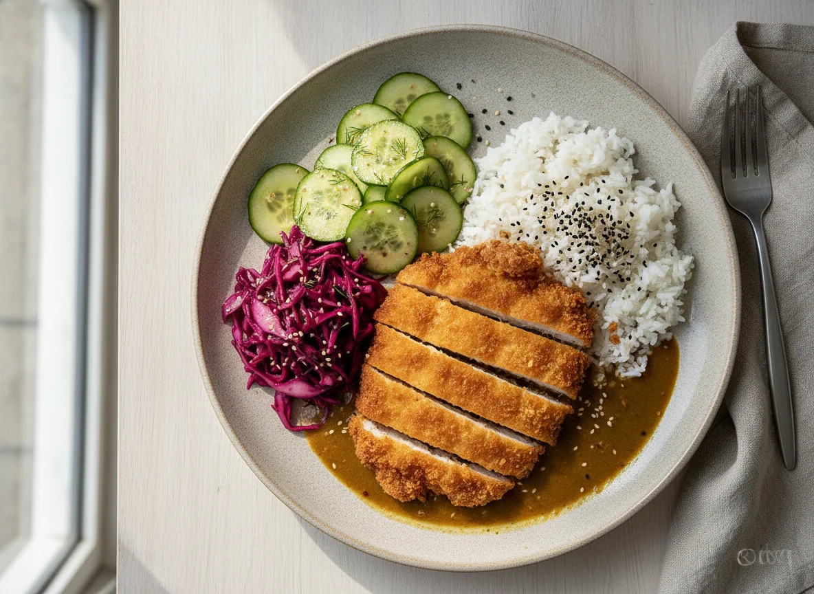 Hähnchen Katsu Curry mit Reis und Salat photo