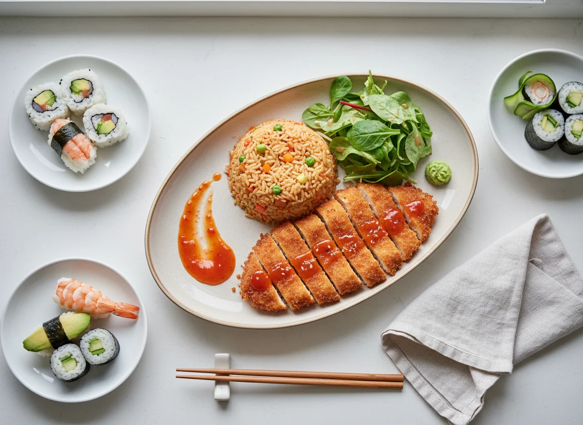 Hähnchen Katsu mit gebratenem Reis und Chili-Sauce photo