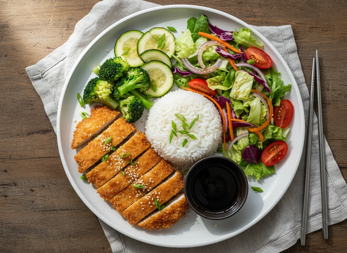 Hähnchen Katsu mit Reis, Gemüse und Salat photo