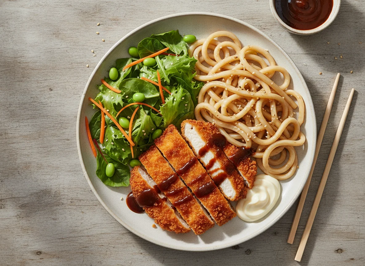 Hähnchen Katsu mit Udon-Nudeln und Salat photo