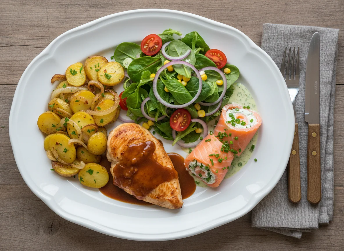 Hähnchen mit Bratkartoffeln und Lachsrolle photo