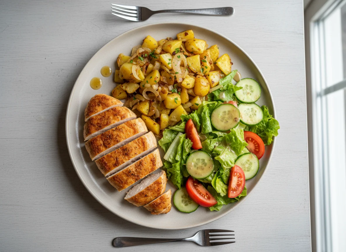 Hähnchen mit Bratkartoffeln und Salat photo
