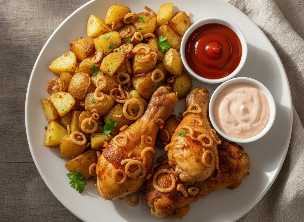 Hähnchen mit Bratkartoffeln und Saucen photo