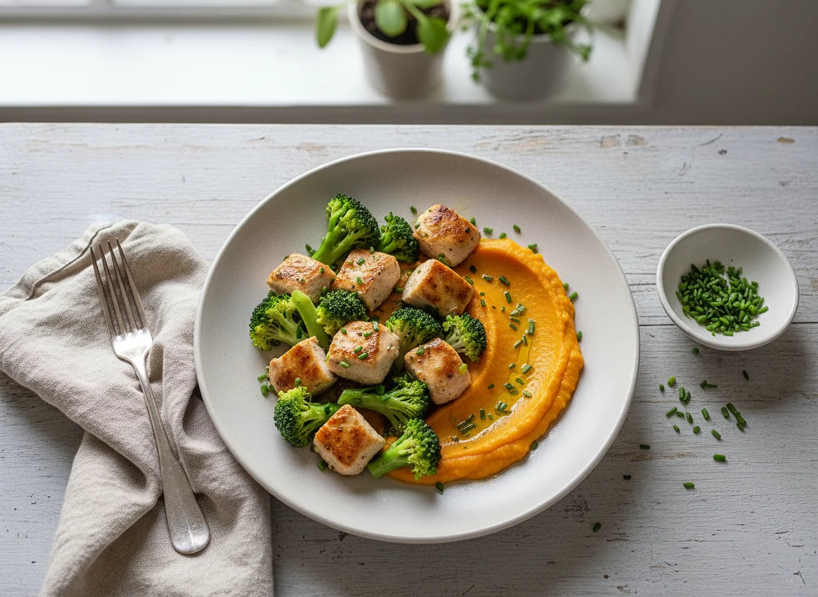 Hähnchen mit Brokkoli und Süßkartoffelpüree photo