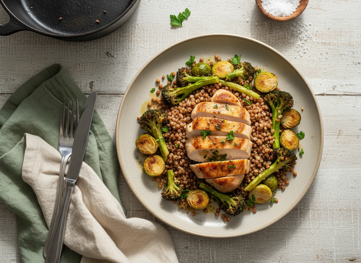 Hähnchen mit Buchweizen und Gemüse photo