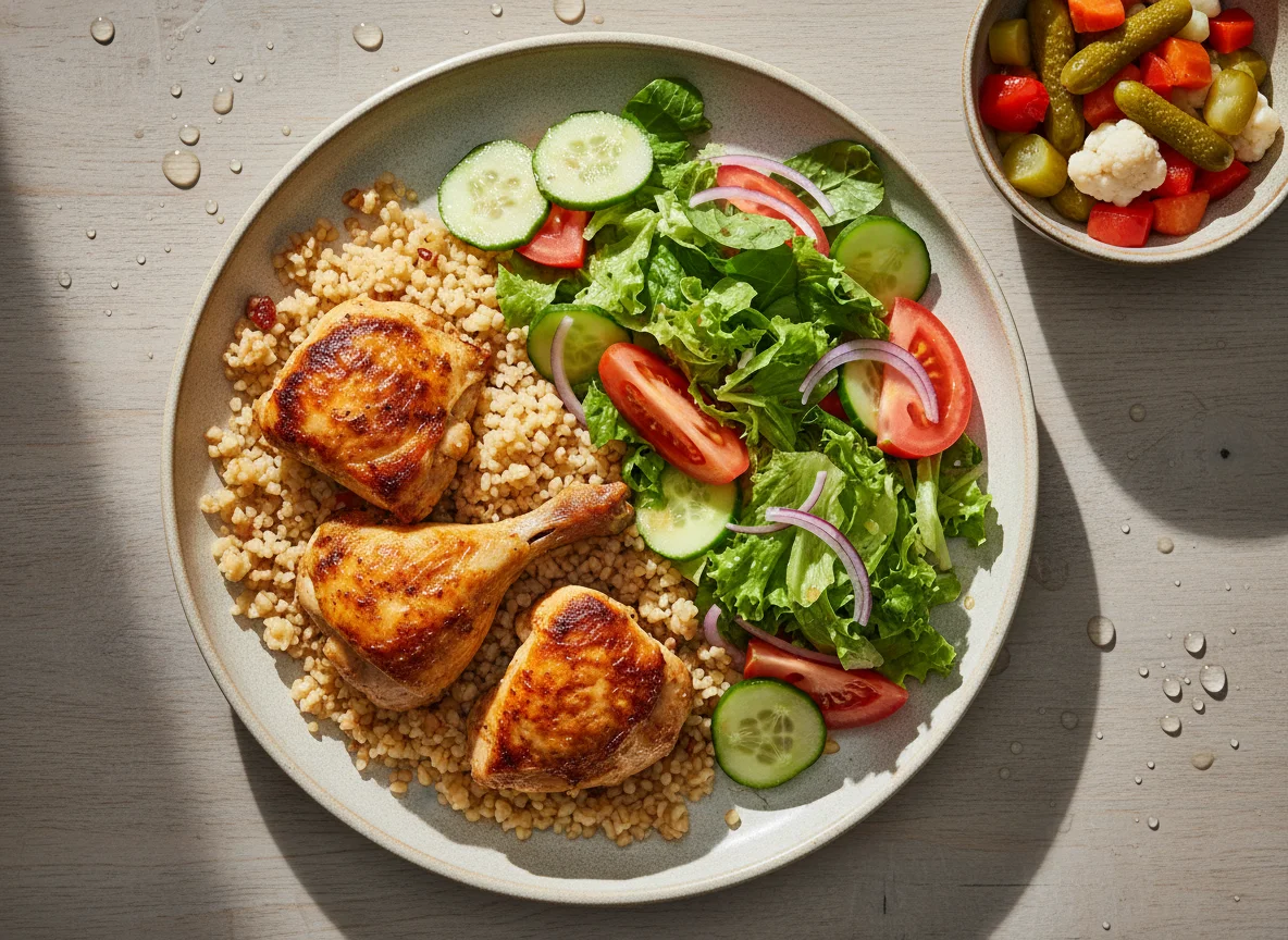 Hähnchen mit Bulgur, Salat und eingelegtem Gemüse photo