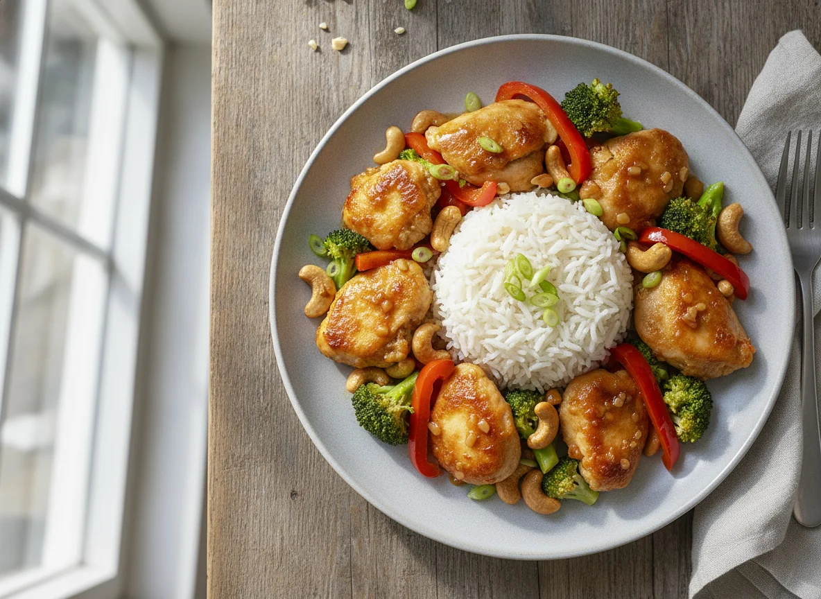 Hähnchen mit Cashewkernen, Reis und Brokkoli photo