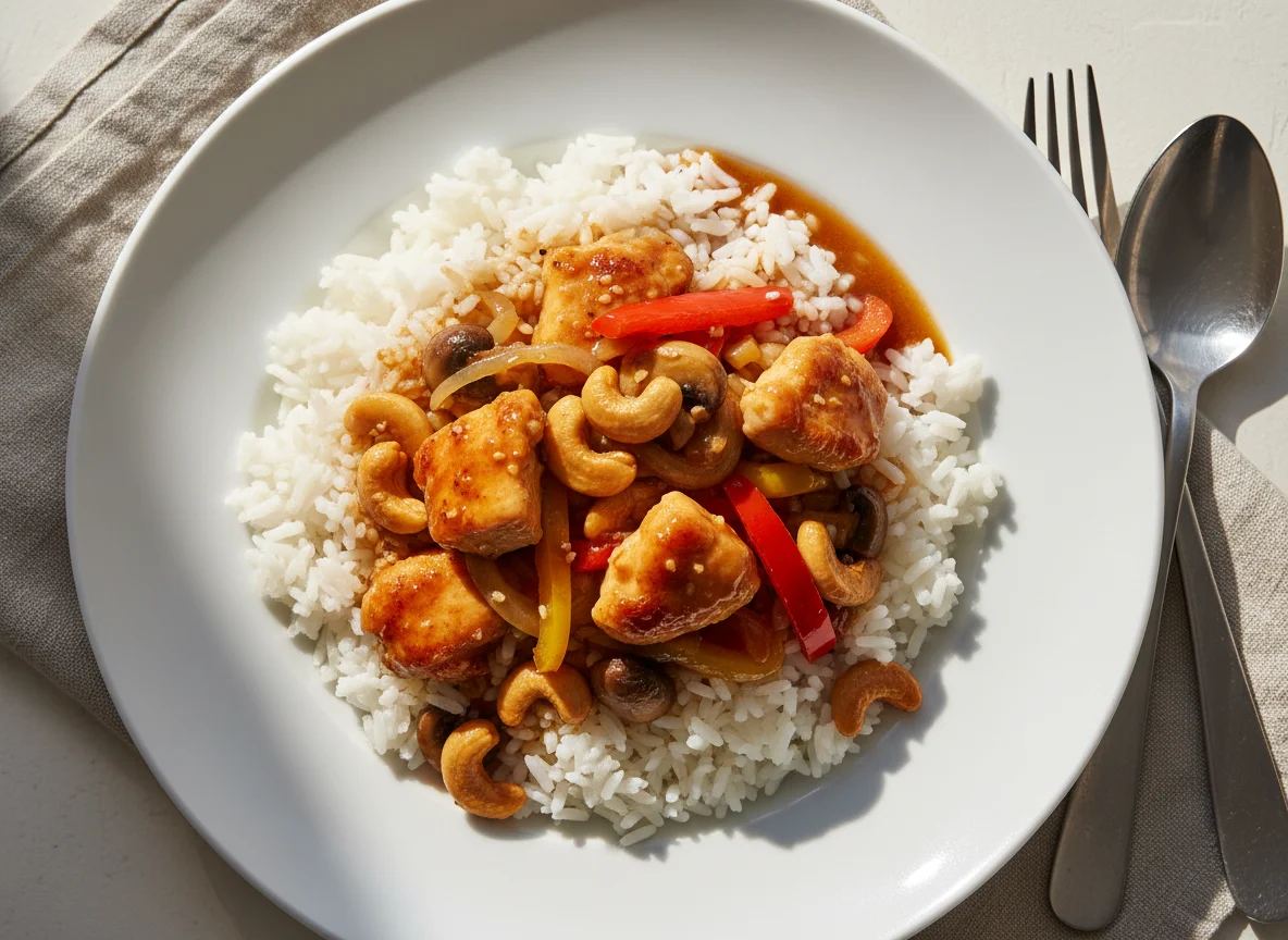 Hähnchen mit Cashewkernen und Reis photo